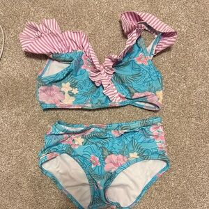 Girls Ruffle Butts Two-Piece Floral Ruffle Swim Set - Blue & Pink